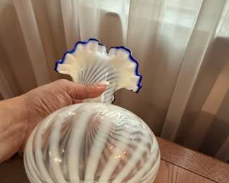 Murano Art Glass Vase with Blue Ruffled Rim and Swirl Pattern