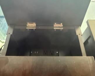 Dark Brown Wood Nightstand with Charging Station and Cabinet