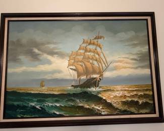 Vintage Sailing Ship Oil Painting
