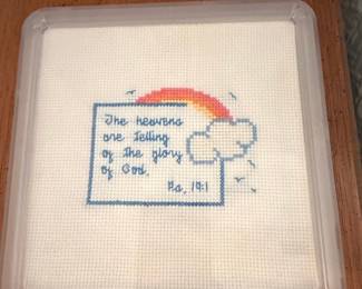 Vintage Cross-Stitch "The Heavens Declare" Psalm 19:1 with Rainbow and Clouds