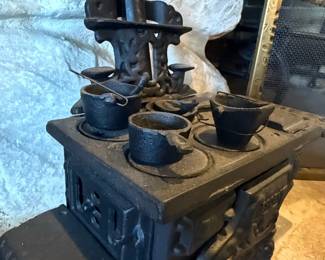 Vintage Crescent Cast Iron Toy Stove with Accessories