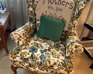 Floral Wingback Armchair with Decorative Pillow