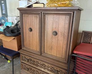 Vintage Spanish Revival Carved Oak Armoire and Dresser Set