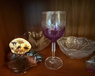 Vintage Amethyst Wine Glass with Grape Etching and Twisted Stem