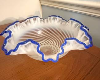 Murano Style Swirl Bowl with Blue Ruffled Rim