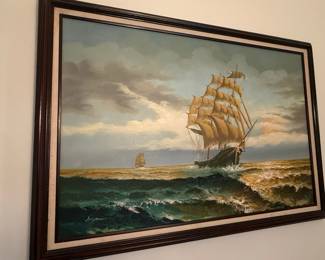 Vintage Sailing Ship Oil Painting