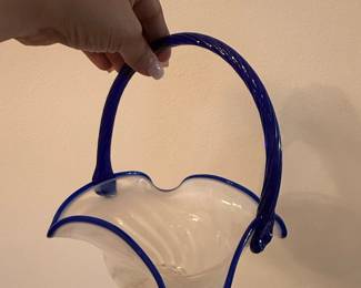 Fenton Blue Ridge Opalescent Swirl Basket with Cobalt Blue Rim and Handle