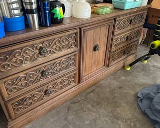 Vintage Spanish Revival Carved Oak Armoire and Dresser Set