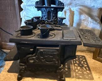 Vintage Crescent Cast Iron Toy Stove with Accessories