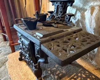 Vintage Crescent Cast Iron Toy Stove with Accessories