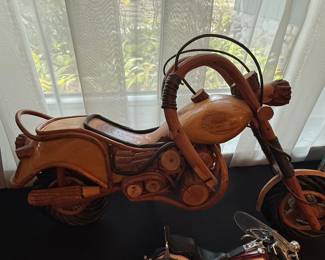 Hand-Carved Wooden Harley Davidson Motorcycle Sculpture