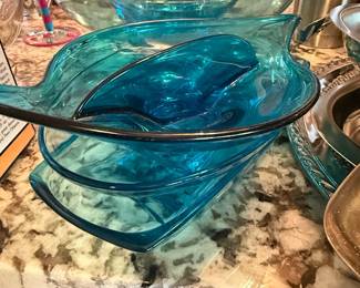 Turquoise Bluenique Glass Chip and Dip Set with Tongs