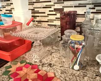 Vintage Crystal Pedestal Cake Stand and Assorted Glassware with Wooden Quilt Coasters