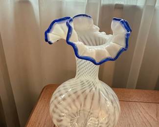 Murano Art Glass Vase with Blue Ruffled Rim and Swirl Pattern