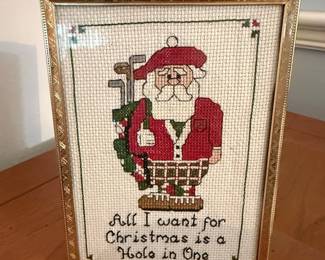 Framed Golfing Santa Cross-Stitch Art