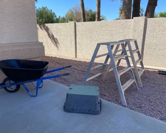 Multi purpose ladders, wheelbarrow, 