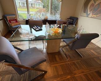 Italian Travertine & Glass Dining Table