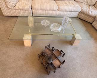 Italian Travertine Glass Top Cocktail Table