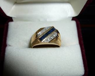 Men's Dia, & Blue Sapphire Ring 10k Gold