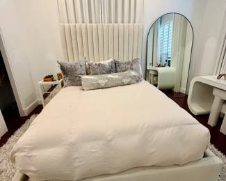 Custom Queen Upholstered Bed – Off-White Velvet Channel-Tufted Headboard  87” L x 68.5” W x 72” H