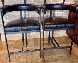 Howard Elliott Counter Stools – Black Leather & Bronze Frame (Set Available) 24"W x 19.5"D x 39"H, 28" SH