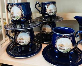 Limoges Cobalt Blue Foot Tea Cups w/ Ship Design