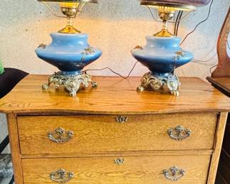 Vintage Oak Dresser / (2) Blue Parlor Lamps