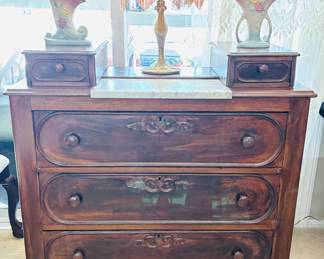Vintage Buffet Cabinet with Marble Top - Hull Pottery Vases - Pink Fringe Lamp