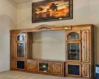 Large Wood Entertainment Center Wall Unit  Traditional large wood entertainment center wall unit with missing shelf in photo. Now back on.