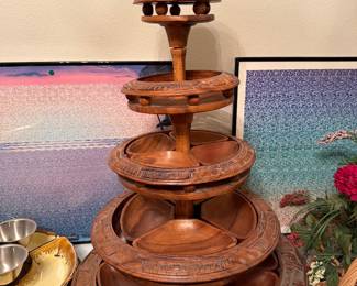 Antique multi-tier hand-carved wooden serving stand featuring several rotating tiers with divided sections for snacks, nuts, candies, or appetizers.