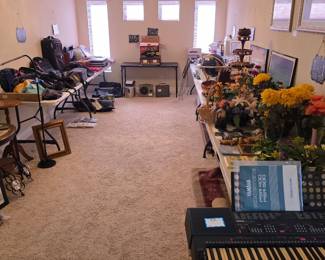 Electronic keyboard with bench, luggage, brief cases, travel bags, illustration pictures, beautiful blue globe, flower decor, religious art