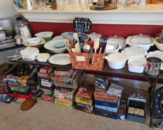 Board games, cards, serving trays, dishes, lg. bowls, kitchen utensils 