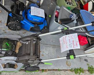 We have two battery operated lawn mowers both work very well The top one comes with a matching weed wacker and a battery charger and one battery for $200, the bottom one is self-propelled and it comes with the battery charger and the battery and it also cuts it different levels, we do have two extra battery chargers for sale and we also have a separate tree trimmer for The bottom lawn mower for $150