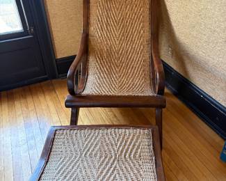 wood and Rattan chair and ottoman
