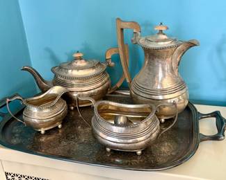 Sterling Silver Tea Set, tray is silver plate