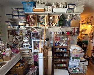 Large Craft Studio Lot Ribbon Rack Spools Wood Dowels Paints Mixed Supplies