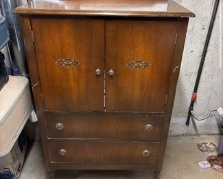 Vintage Wood Chifferobe Wardrobe Cabinet w Drawers & Decorative Inlay