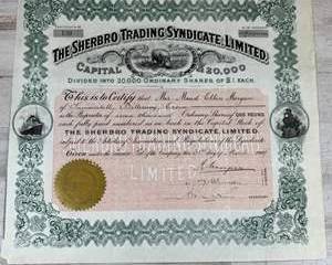 1909 Sherbro Trading Syndicate Ltd Stock Certificate 7000 Shares £1 Sierra Leone