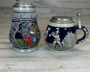 German Beer Stein Lot w/ Pewter Lids Relief Stoneware Steins