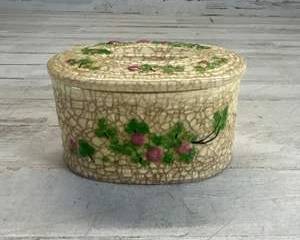 Vintage Japanese Crackle Glaze Ceramic Covered Trinket Box Floral Motif