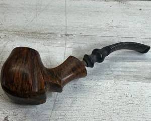Vintage Tobacco Smoking Pipe w/ Carved Wooden Bowl & Curved Stem