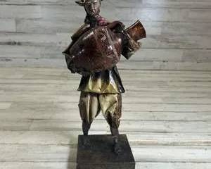 Vintage Hand Carved Wood Figurine Man Carrying Jug – Folk Art Sculpture