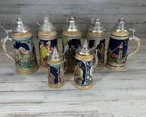 Lot of 7 Vintage German Beer Steins w/ Pewter Lids – Hunting Scenes Bavarian Relief Stein Set