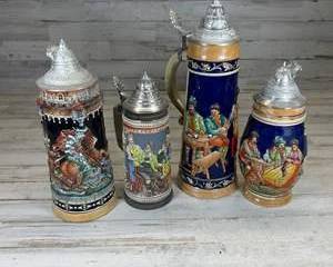 Lot of 4 German Relief Beer Steins w/ Pewter Lids – Traditional Bavarian Tavern Scenes