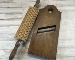 Antique Wooden Cabbage Shredder Mandoline & Hand Carved Dough Roller Kitchen Tools