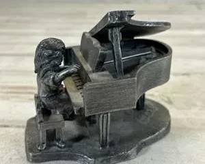 Vintage Pewter Girl Playing Grand Piano Figurine Miniature Music Theme Sculpture
