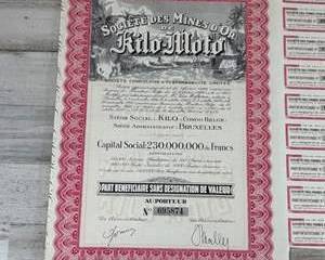 Societe Des Mines D’Or Kilo-Moto Vintage Stock Certificate Congo Gold Mining w Coupons