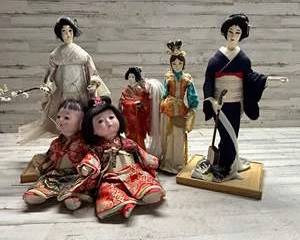 Lot 7 Vintage Japanese Dolls Geisha & Child Silk Kimono Figurines