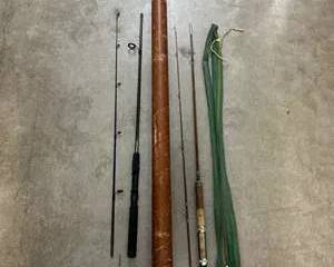 Vintage Fishing Rod Lot w/ Bamboo Rod, Tube & Modern Spinning Rod