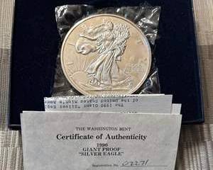 1990 Giant Proof Silver Eagle Medal Washington Mint w/ COA over 1 Pound